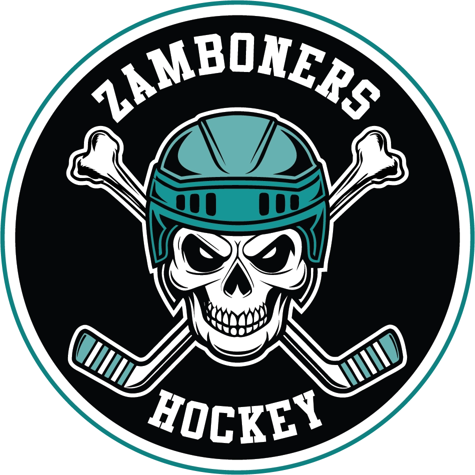 A skull with a hockey helmet and crossed bones in a circular hockey logo.