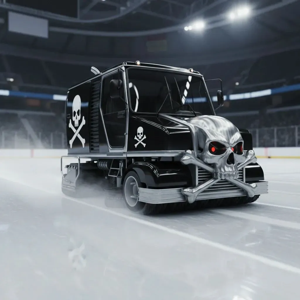 A black hearse with skull and crossbones design on ice rink.