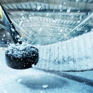 Hockey puck and stick on ice