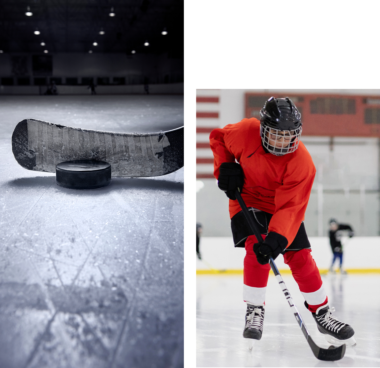 Hockey stick and puck on ice